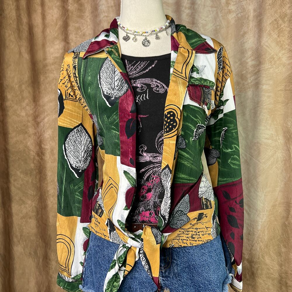 Vintage Patchwork Shirt Fall Foliage Multicolor Button Up 90s Boho Earthy Fairy - Picture 7 of 8
